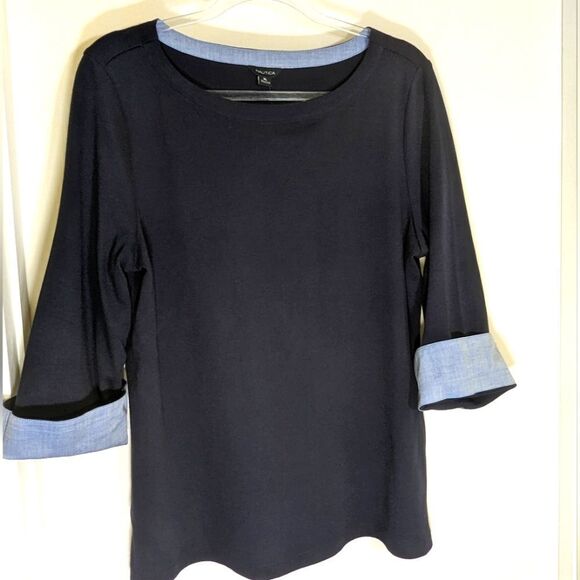Nautica Chambray-Cuff Top Knit Boat Neck Relaxed Fit 3/4 Sleeves XL Navy NWT - Picture 1 of 8